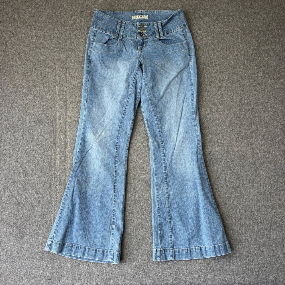 YMI Jeans Womens 14 Blue Medium Wash Flare Leg Y2K Multi Button Waist Denim
